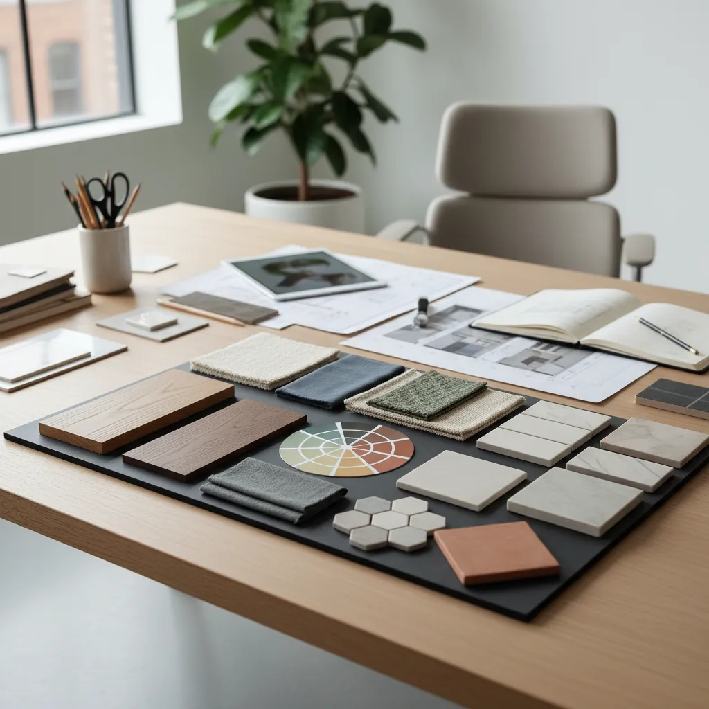 Various material samples including wood tiles and fabric sitting on a table with color wheel