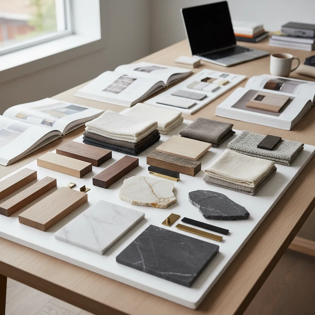 Mesa con muestras de materiales de interiorismo como madera, telas y piedra