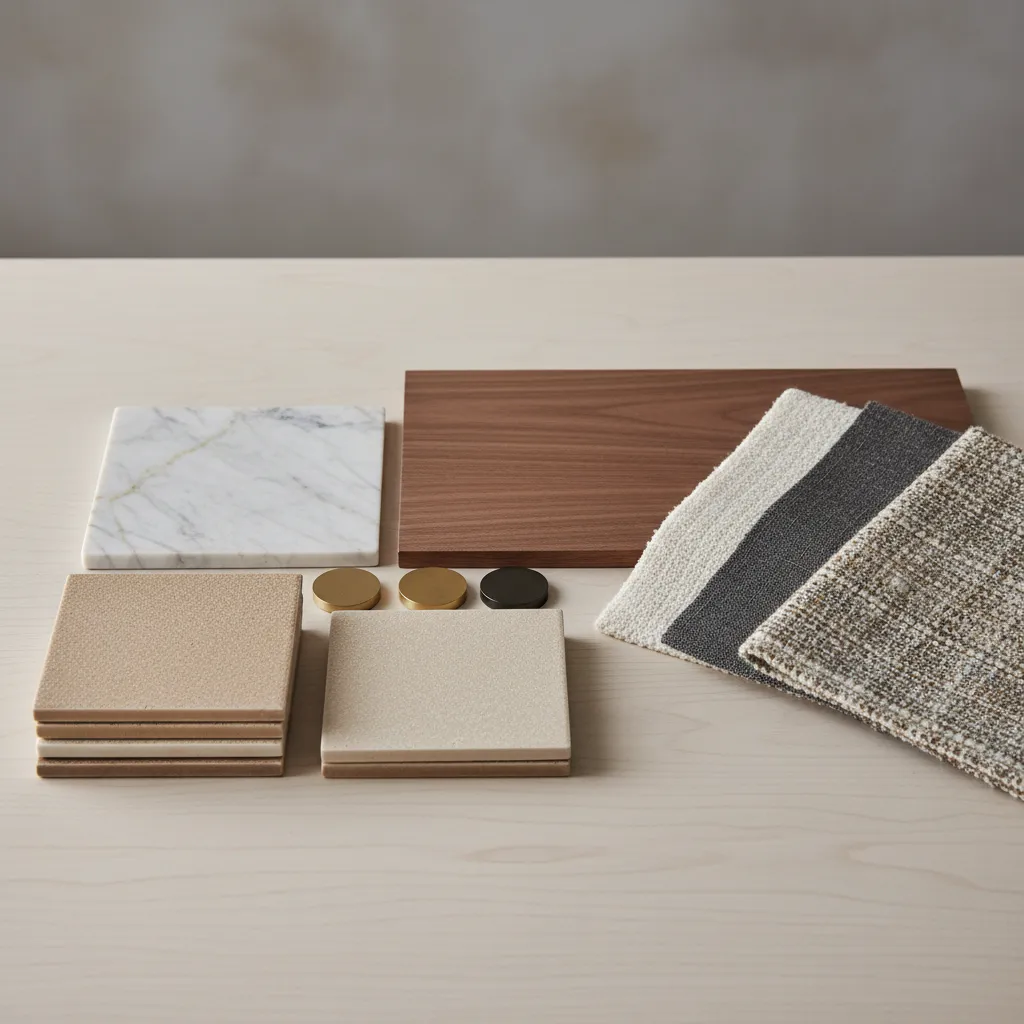 Selection of interior design materials including marble tile, wood board, fabric swatches, and metal pieces
