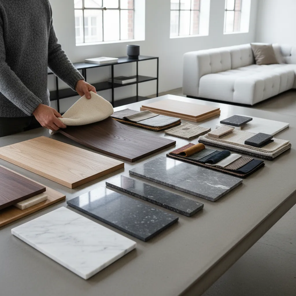 Mesa con muestras de madera, telas y acabados para diseño interior