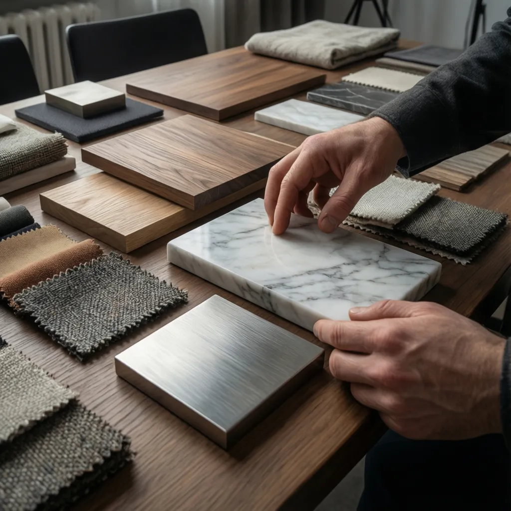 Mesa con muestras de materiales de interiorismo como madera, piedra y textiles