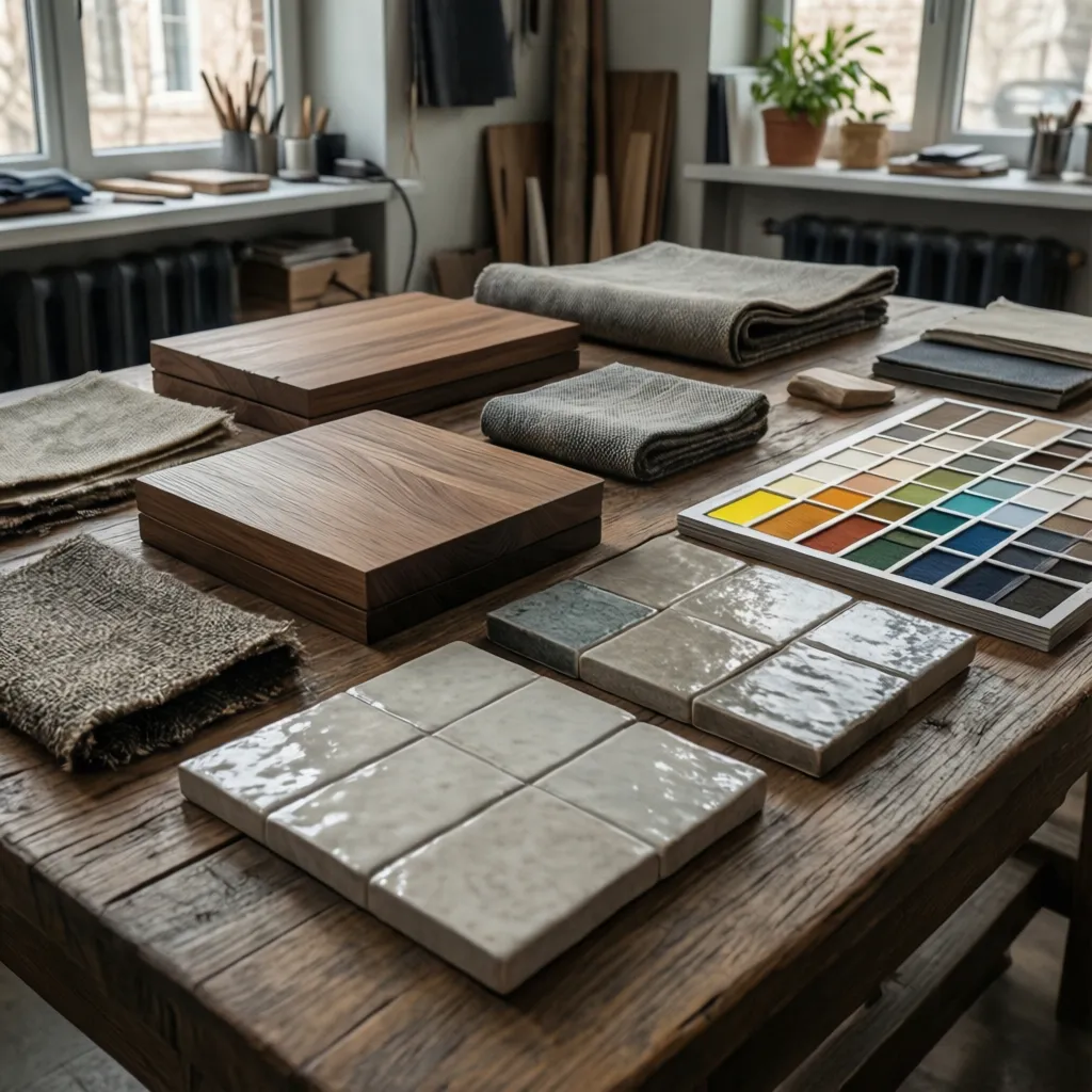 Mesa con muestras de materiales de interiorismo como madera, textiles y cerámica