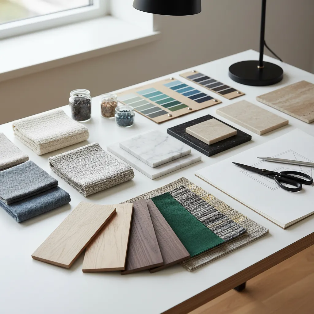 Mesa con muestras de materiales para diseño interior