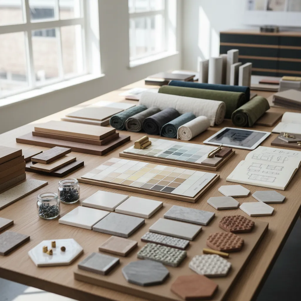 Mesa de trabajo con muestras de materiales y colores