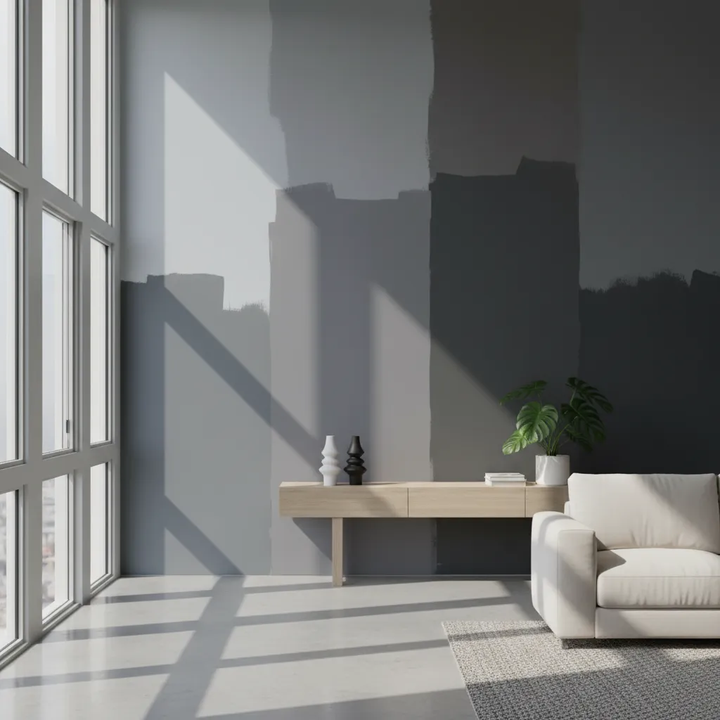 Diferentes tonos de pintura gris aplicados en una pared interior