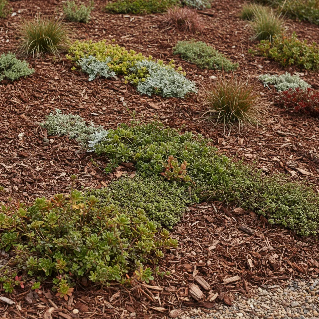 shredded bark mulch and groundcover plants stabilizing soil on landscaped slope