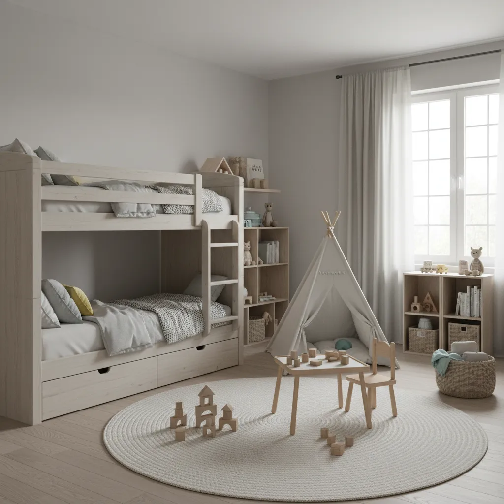 Shared kids bedroom designed for multiple ages with bunk beds and open play space