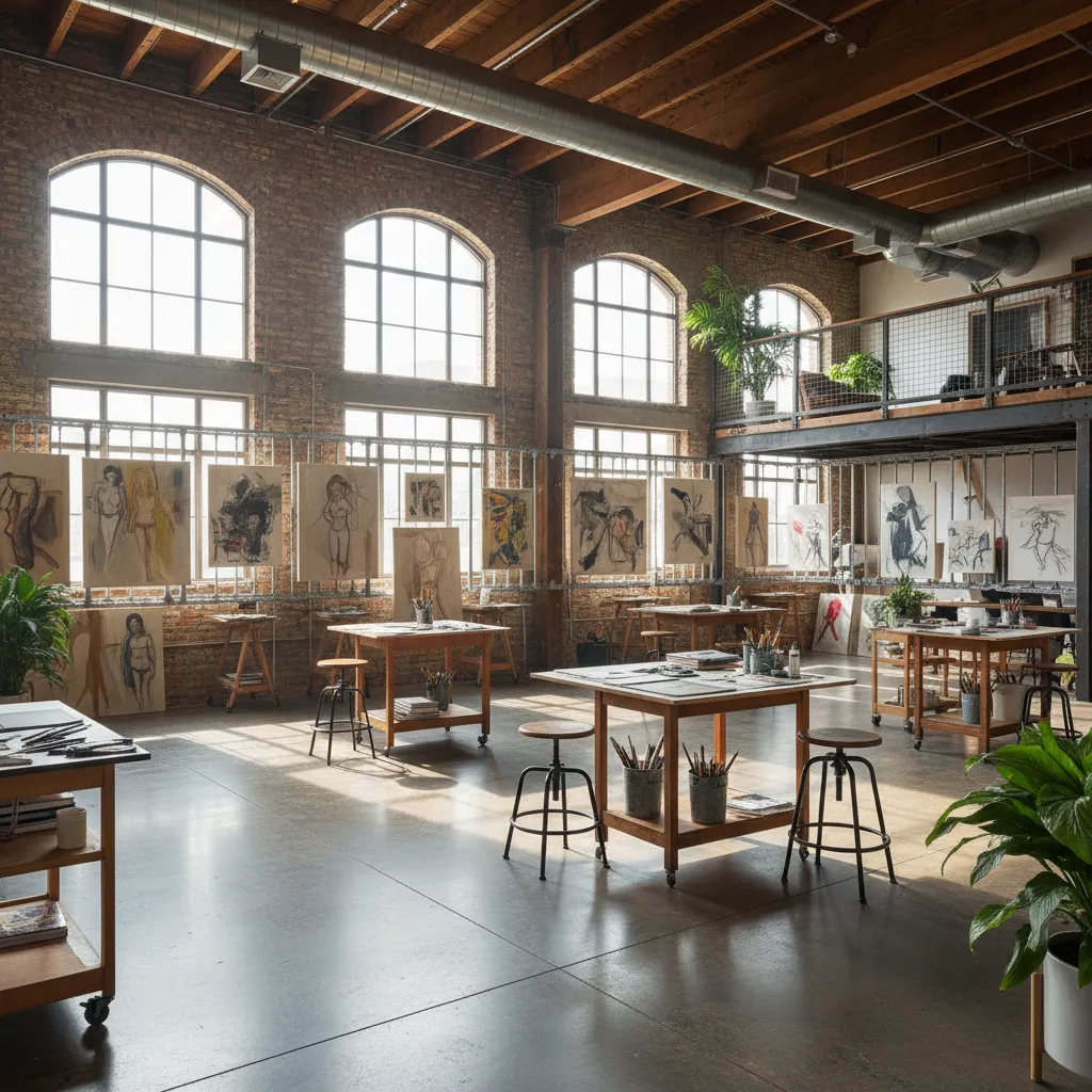 Shared artist studio with multiple wall easels arranged along a long workspace wall