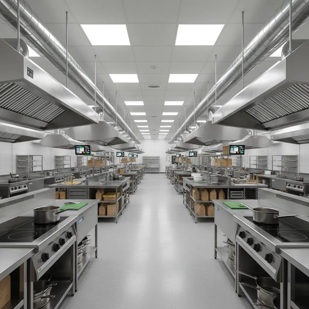 Large cloud kitchen facility with multiple cooking stations for delivery brands