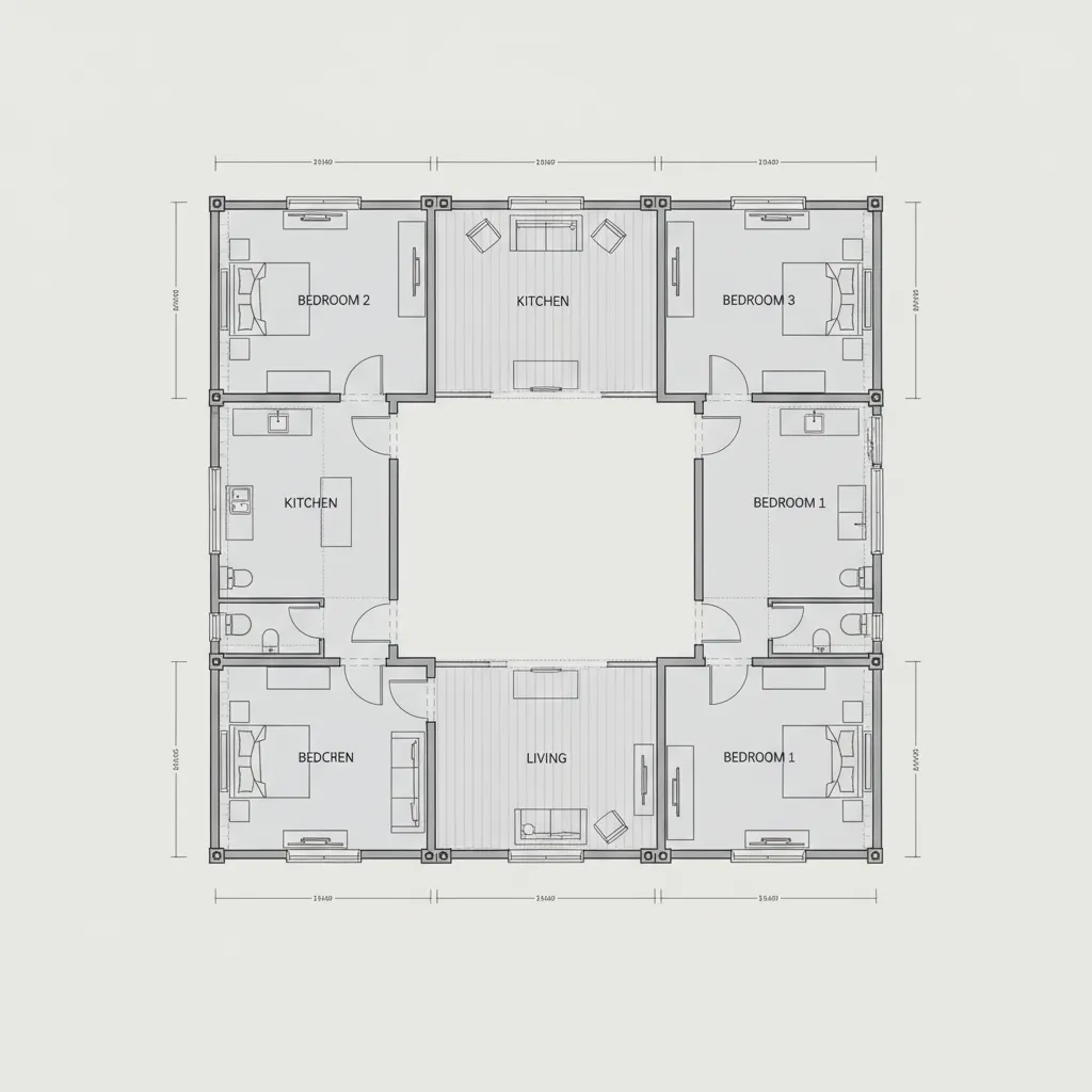 multi container home layout showing combined containers forming living zones