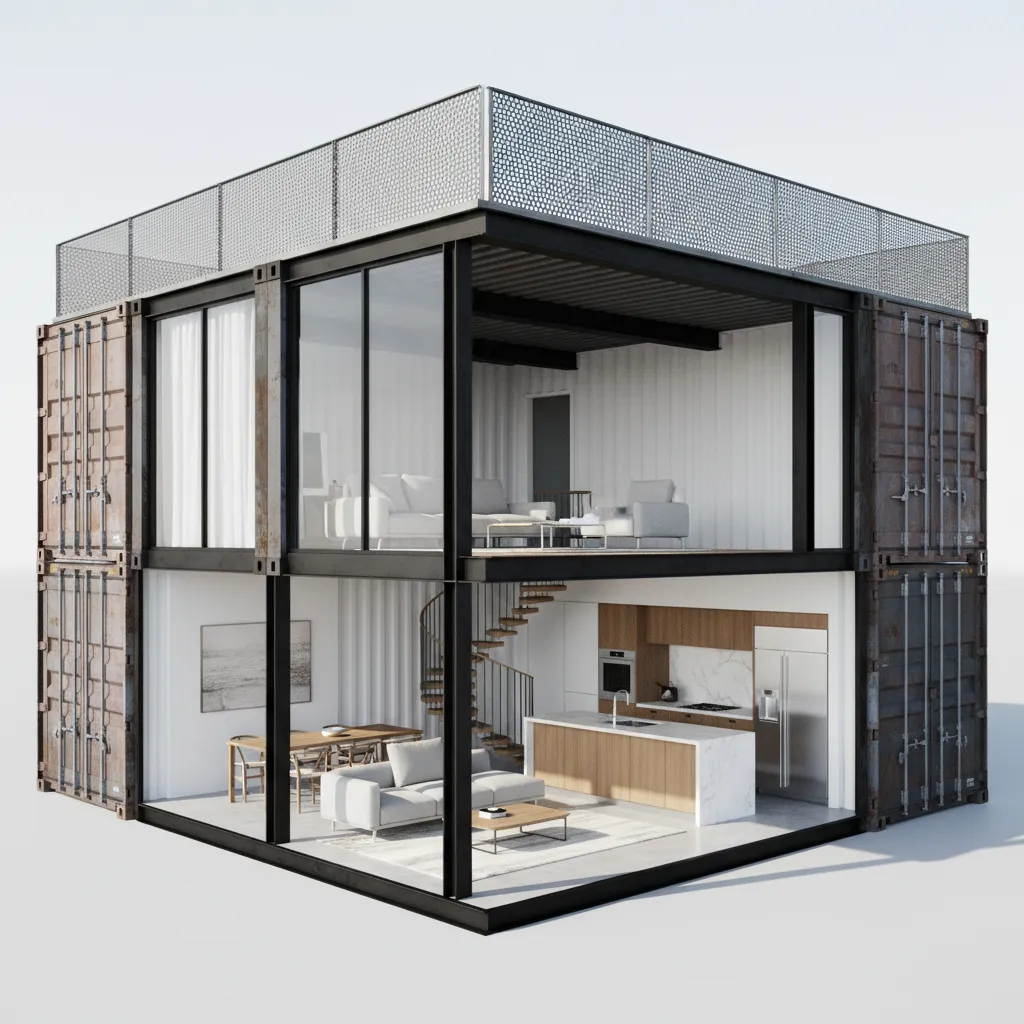 Large container home layout combining several shipping containers into a 1500 sq ft floor plan