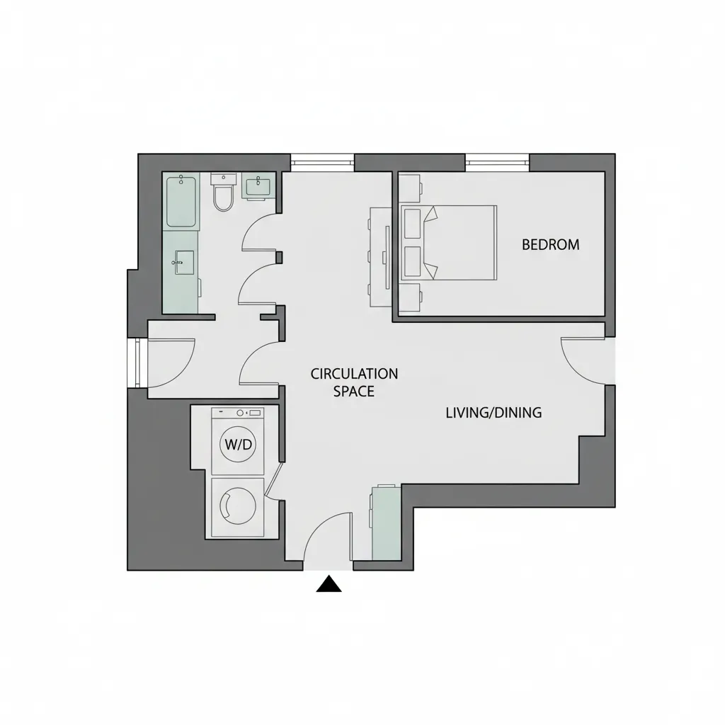 Floor plan diagram showing stacked laundry layout in apartment hallway