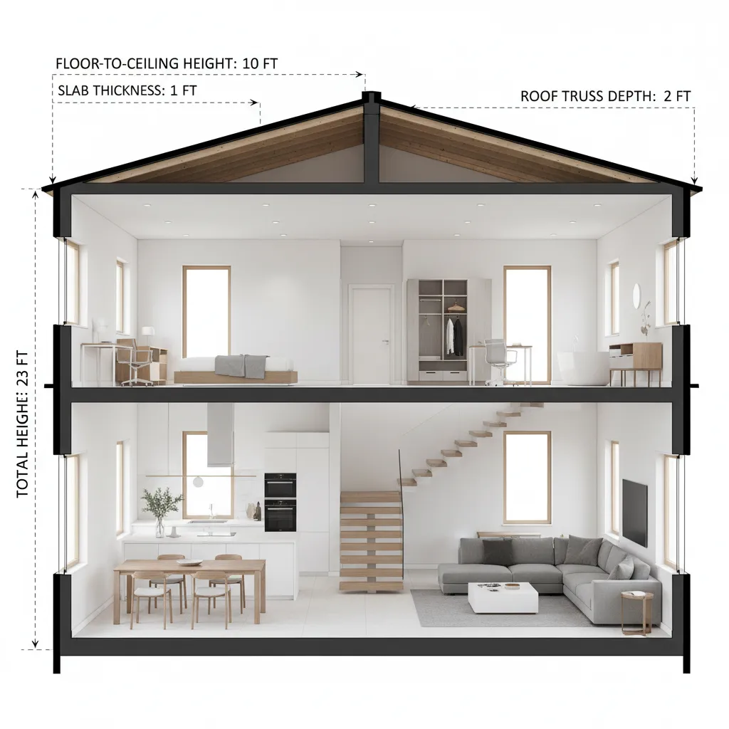 cutaway residential house showing floor to floor height between levels