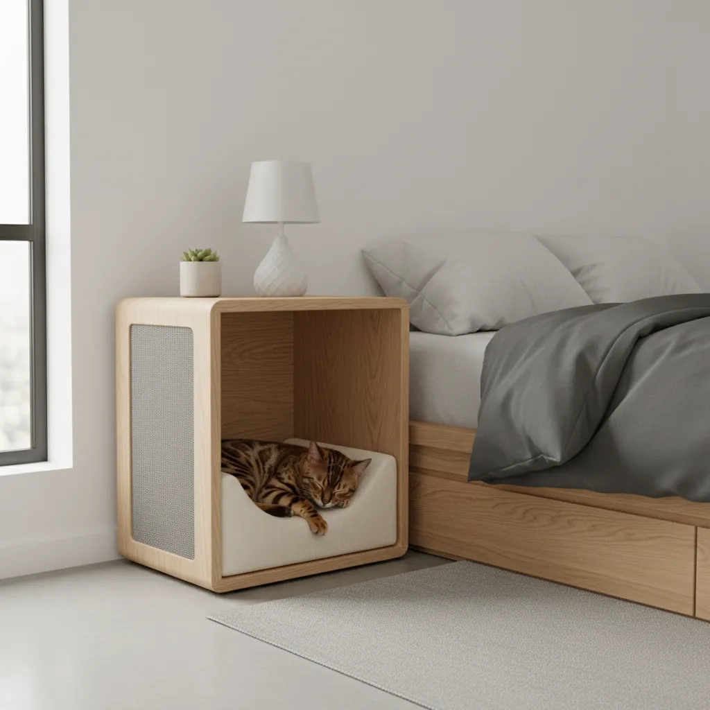 Compact bedroom furniture with integrated cat bed and scratching panels