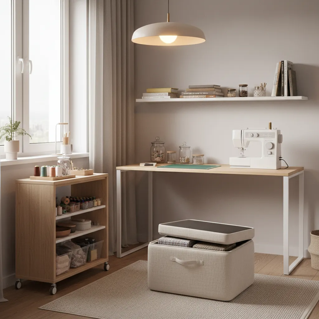 multi function furniture including rolling cart and storage ottoman in sewing room
