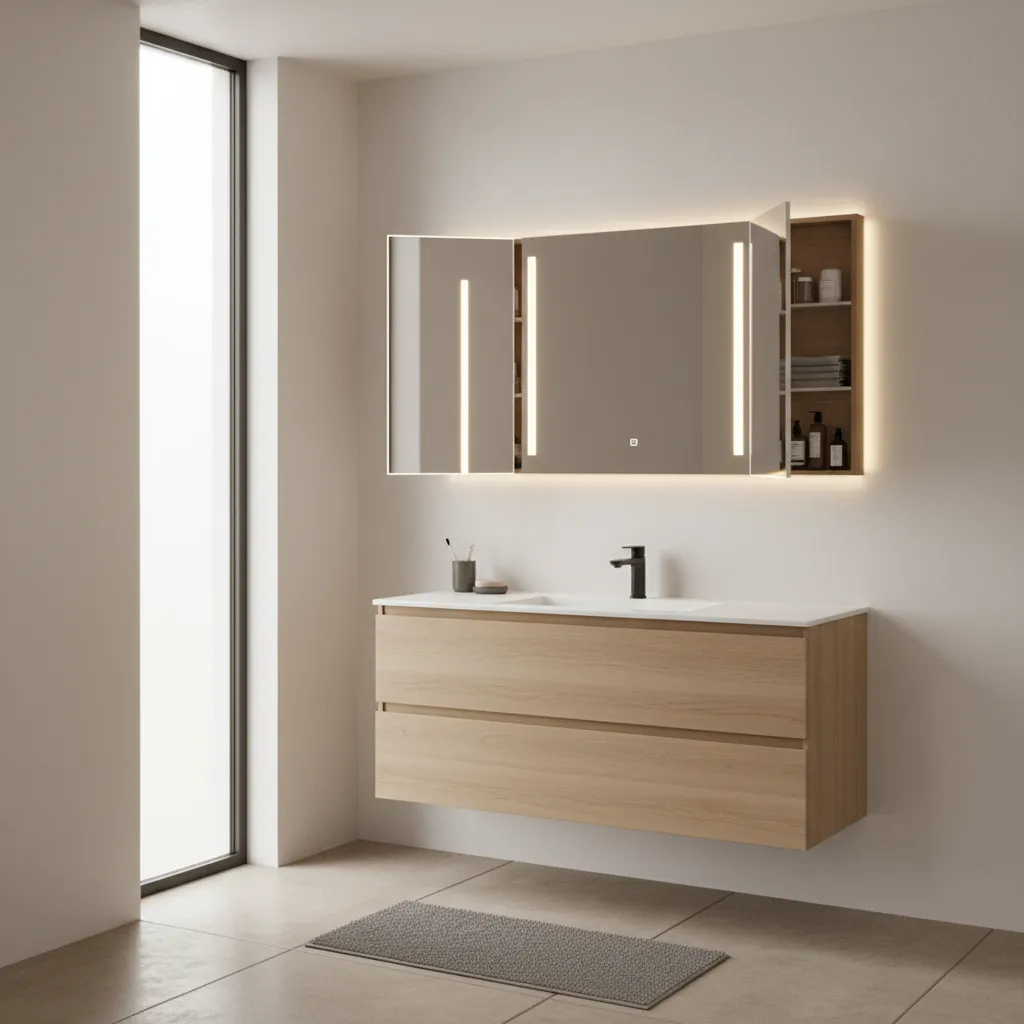 mirror cabinet with integrated lighting and storage in small bathroom