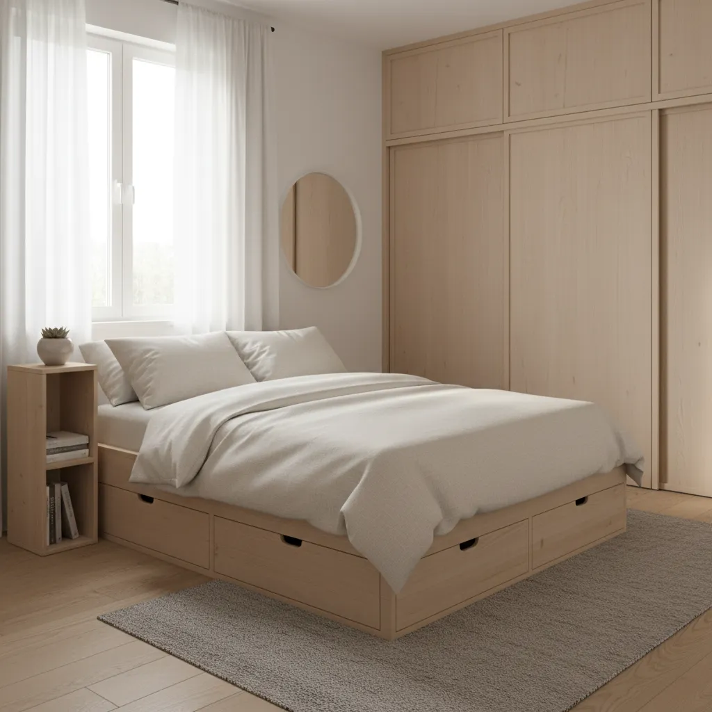 multi functional bed and storage furniture in a compact bedroom
