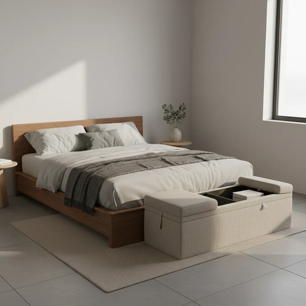 bedroom storage bench at foot of bed showing multi functional decor furniture