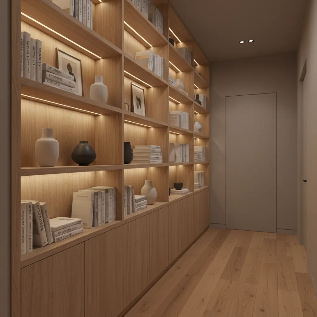 hallway with built in shelving and storage in narrow home