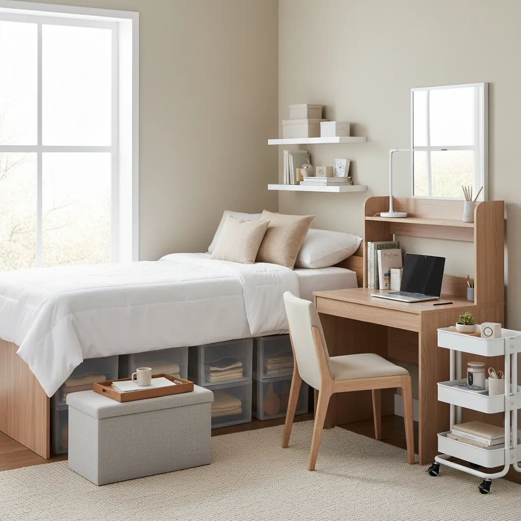 dorm room with multi functional furniture including storage ottoman and rolling cart