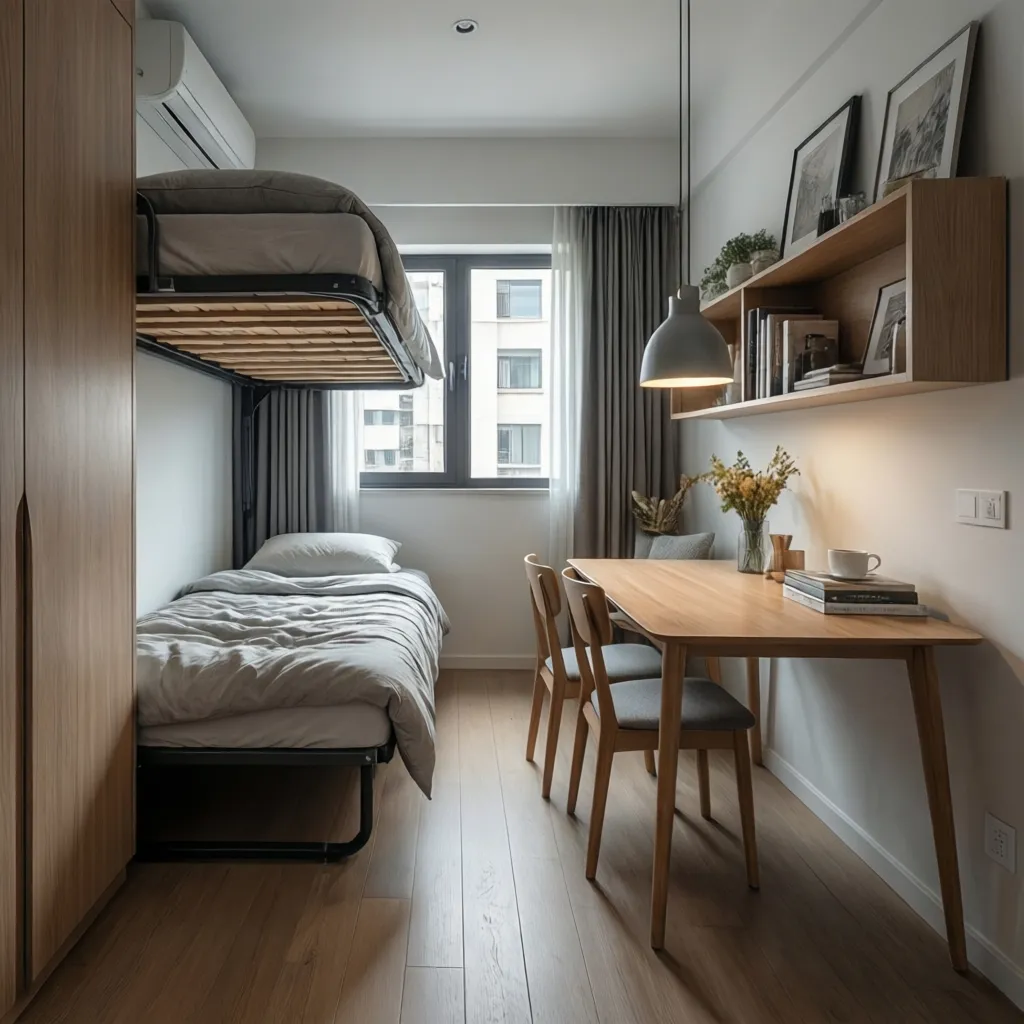 Interior design drawing of small bedroom featuring bunk bed wooden study desk and large window