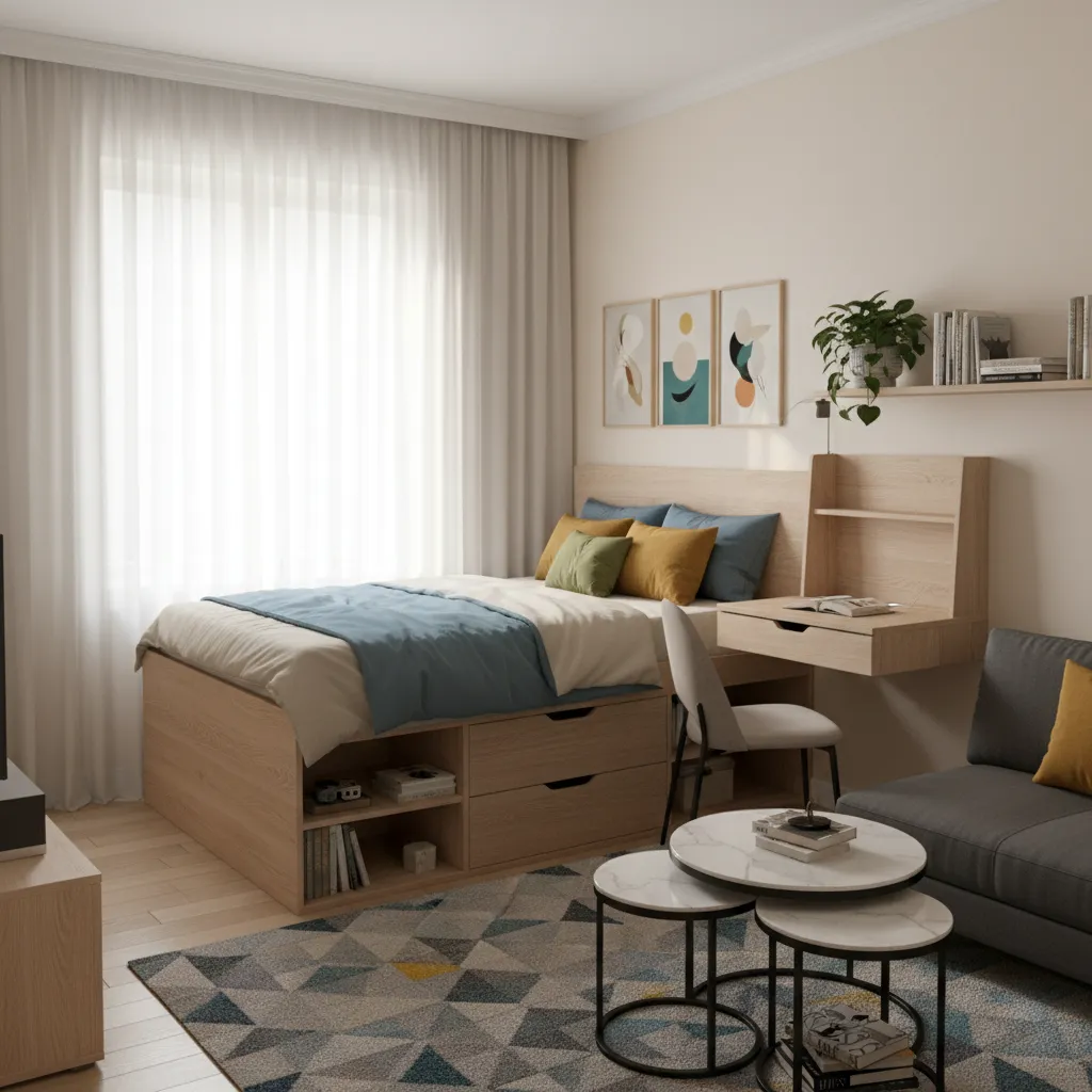 Multi-functional furniture setup in a small apartment living space