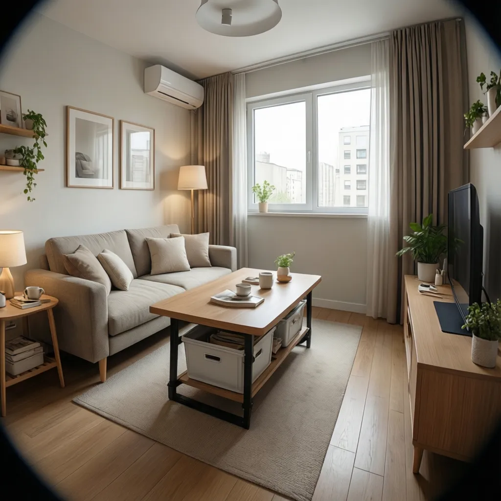 Compact living room with storage coffee table and sofa bed in small apartment