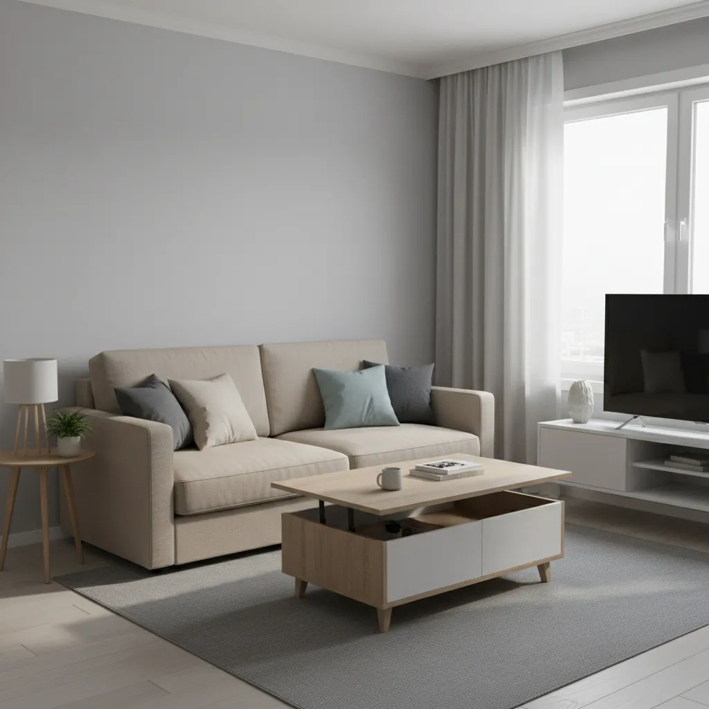 Multi functional furniture including storage coffee table and sofa bed in compact living room