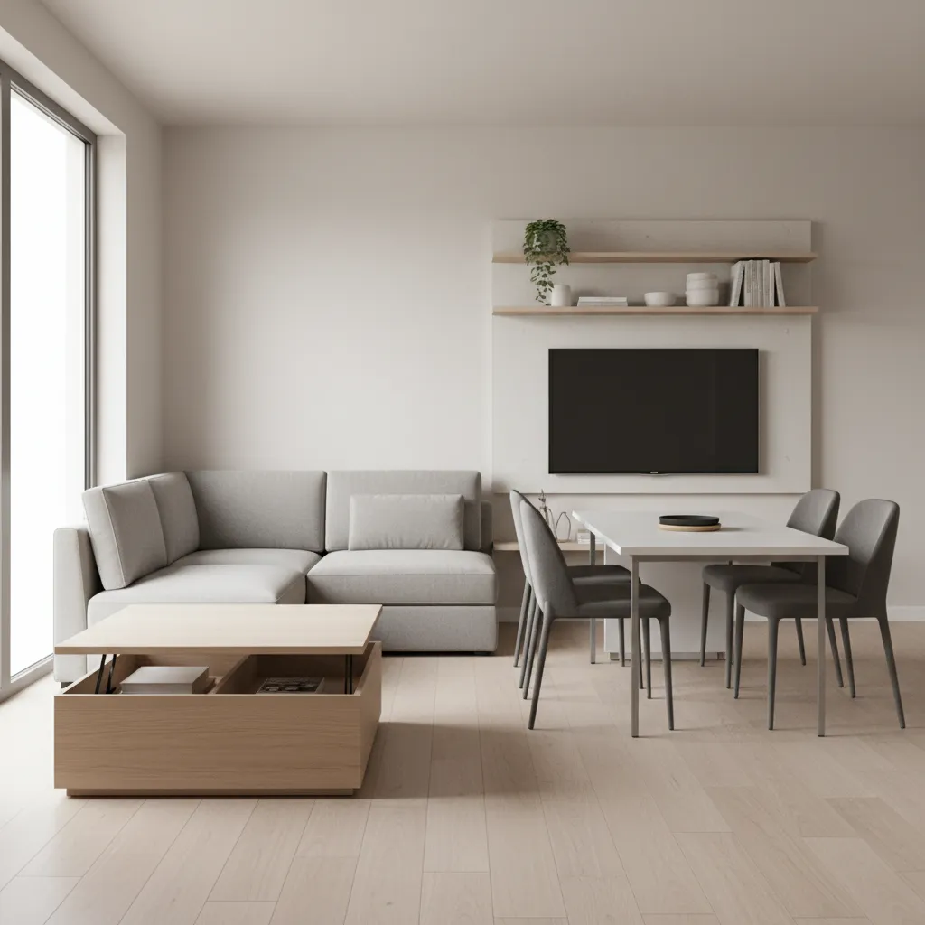 Small apartment living room with storage coffee table and compact dining table