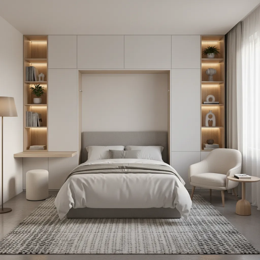 Murphy bed and storage furniture used in a tiny converted bedroom