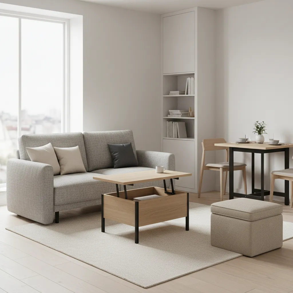 Multi functional furniture in a studio apartment including sofa bed and storage table