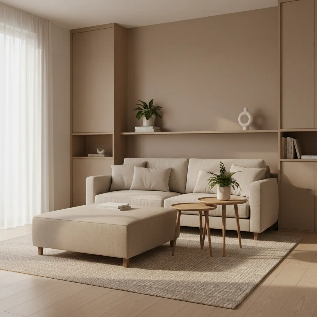 Small living room with storage ottoman and nesting tables