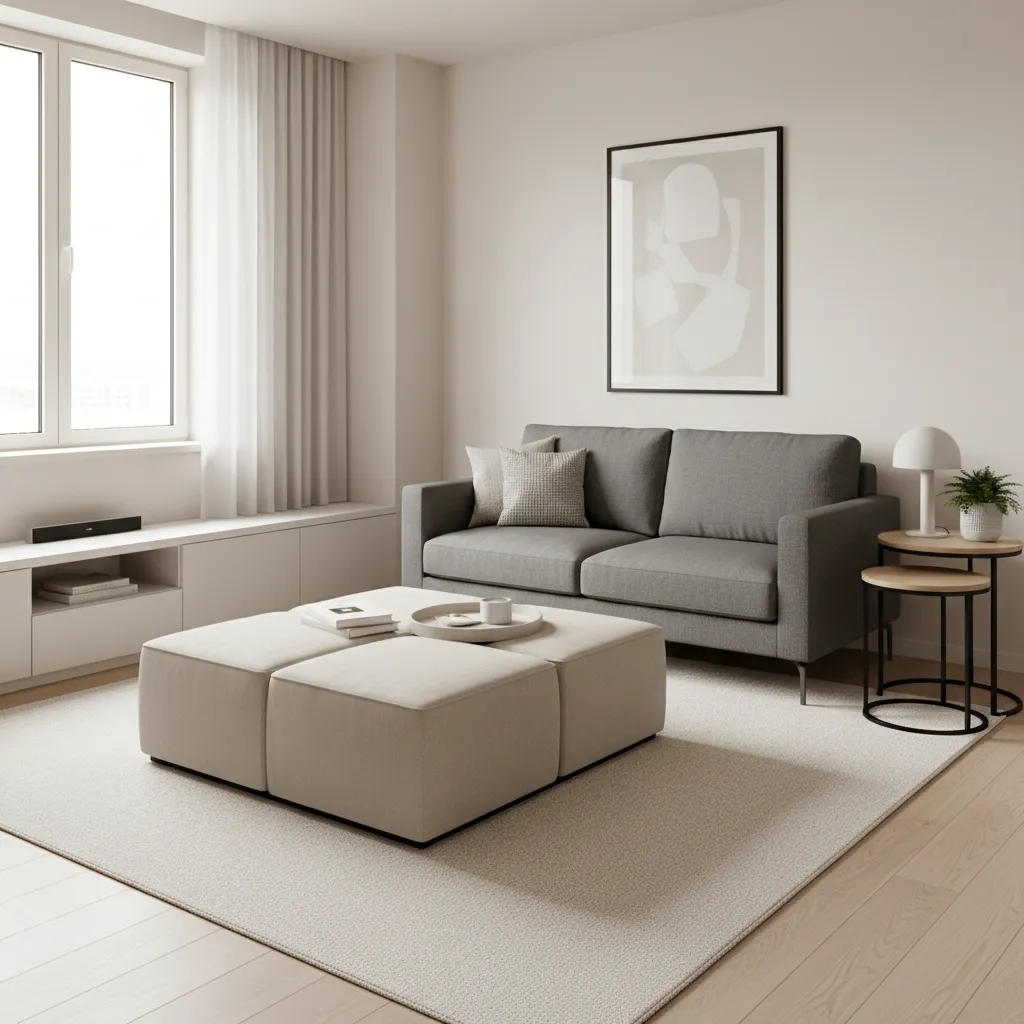 small living room with storage ottoman and multifunction furniture
