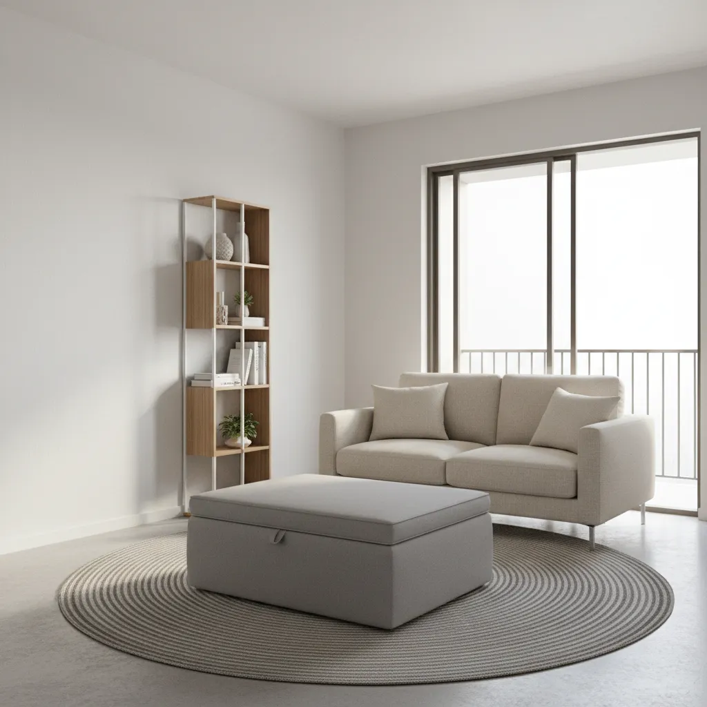 Small living room with storage ottoman and compact furniture near sliding doors
