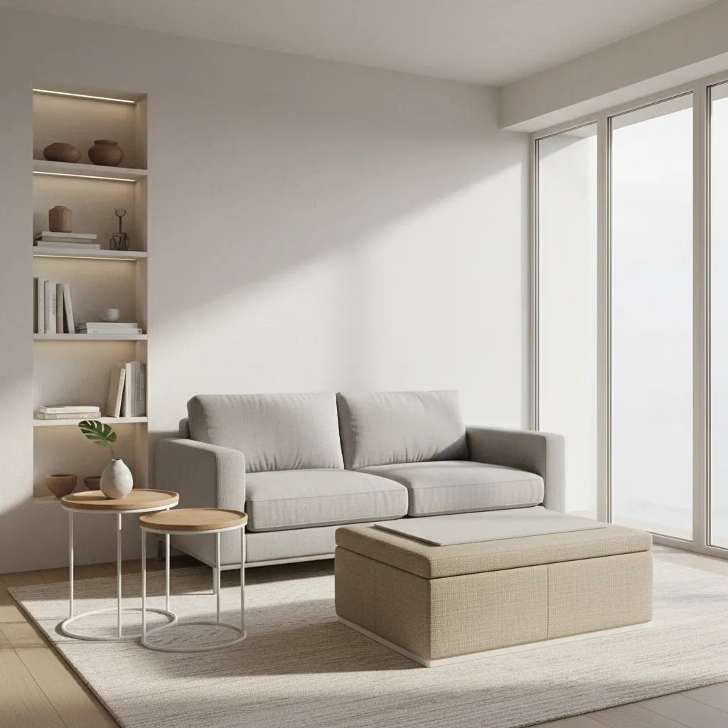 Small living room using storage ottoman and nesting tables