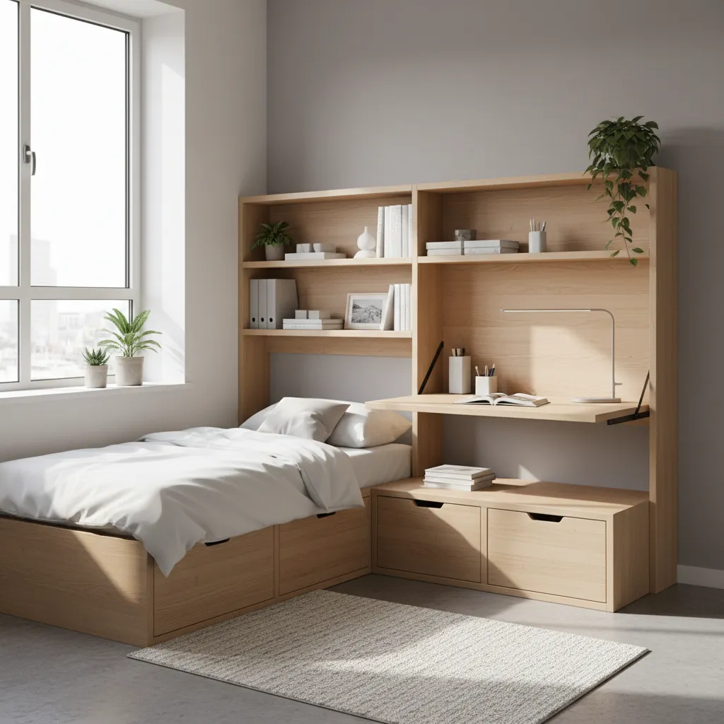 Interior design drawing of small bedroom with light wood storage bed and folding desk area