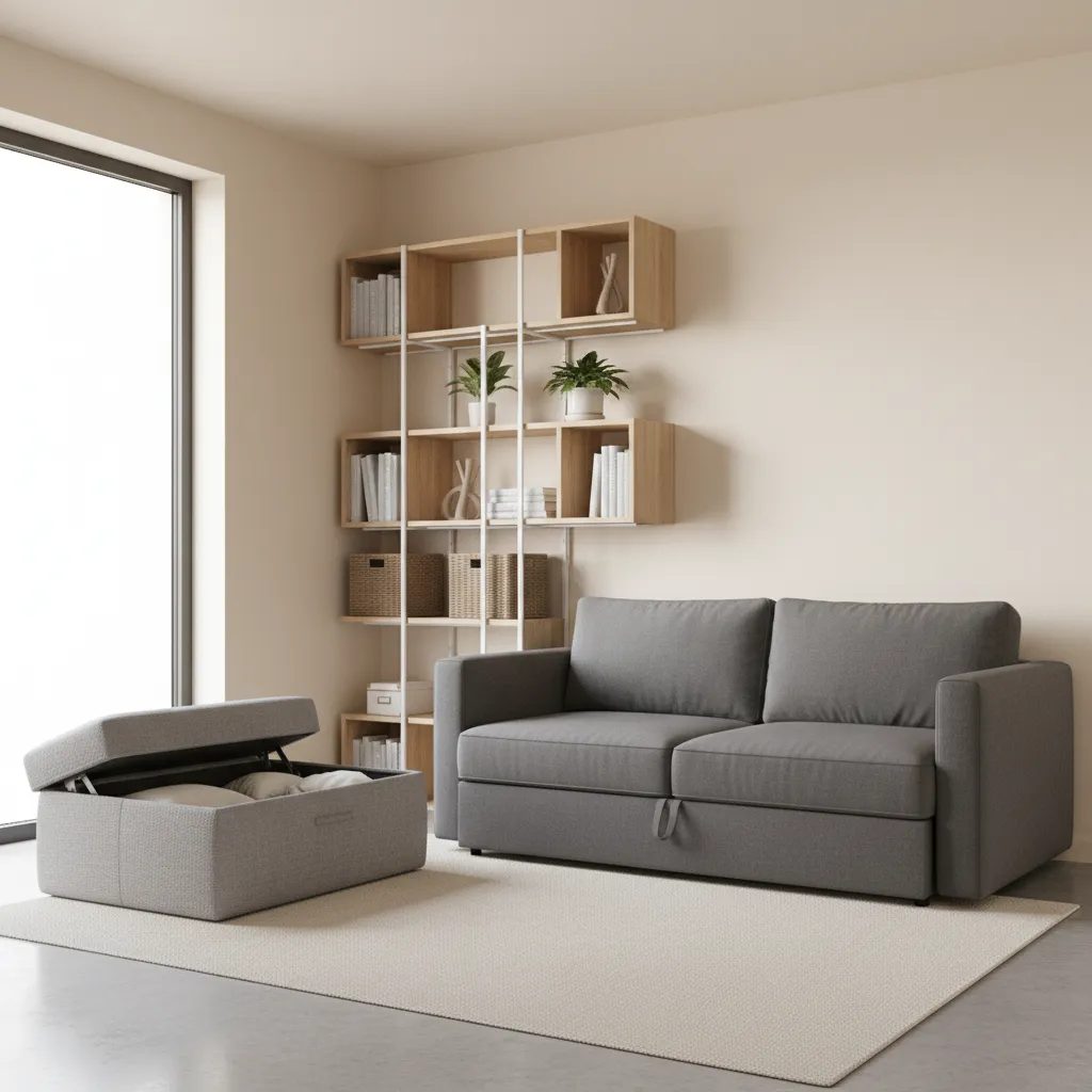 Multi functional furniture with storage ottoman and modular shelves