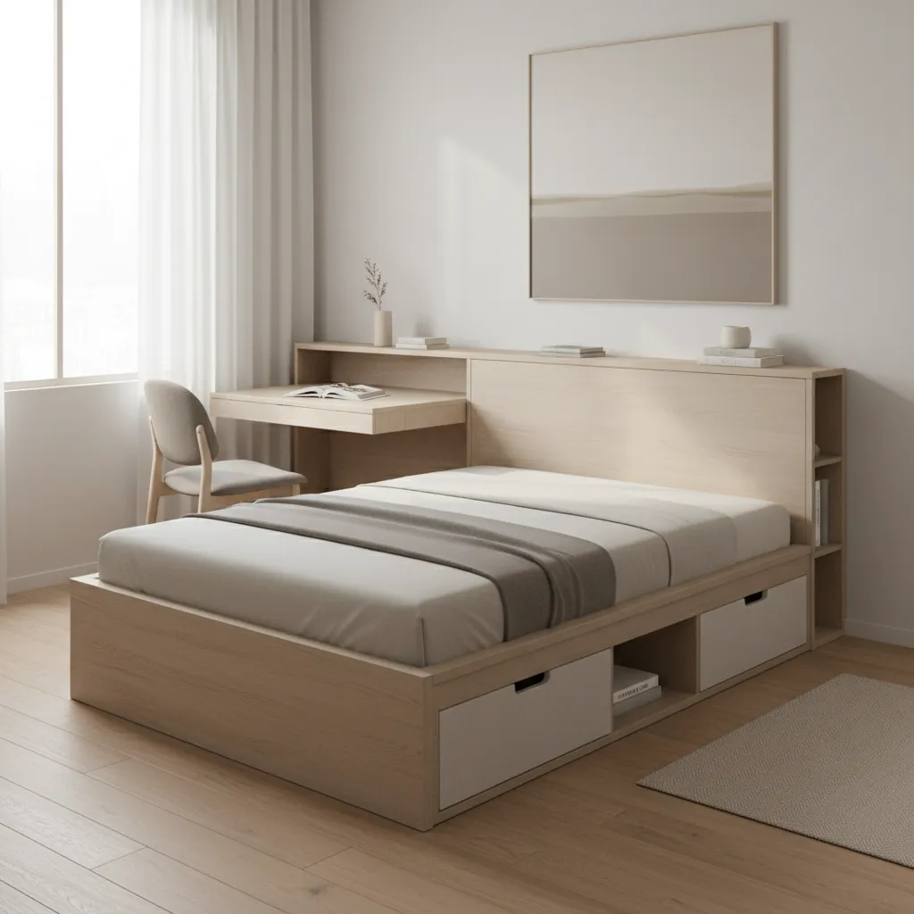 Small room featuring multifunctional furniture like storage bed and folding desk