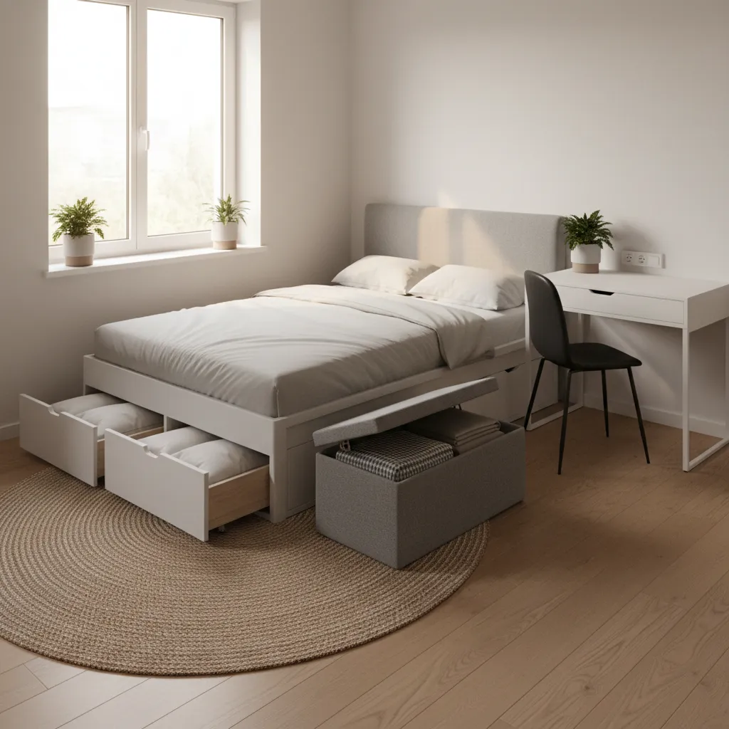 storage bed and compact furniture in a small bedroom