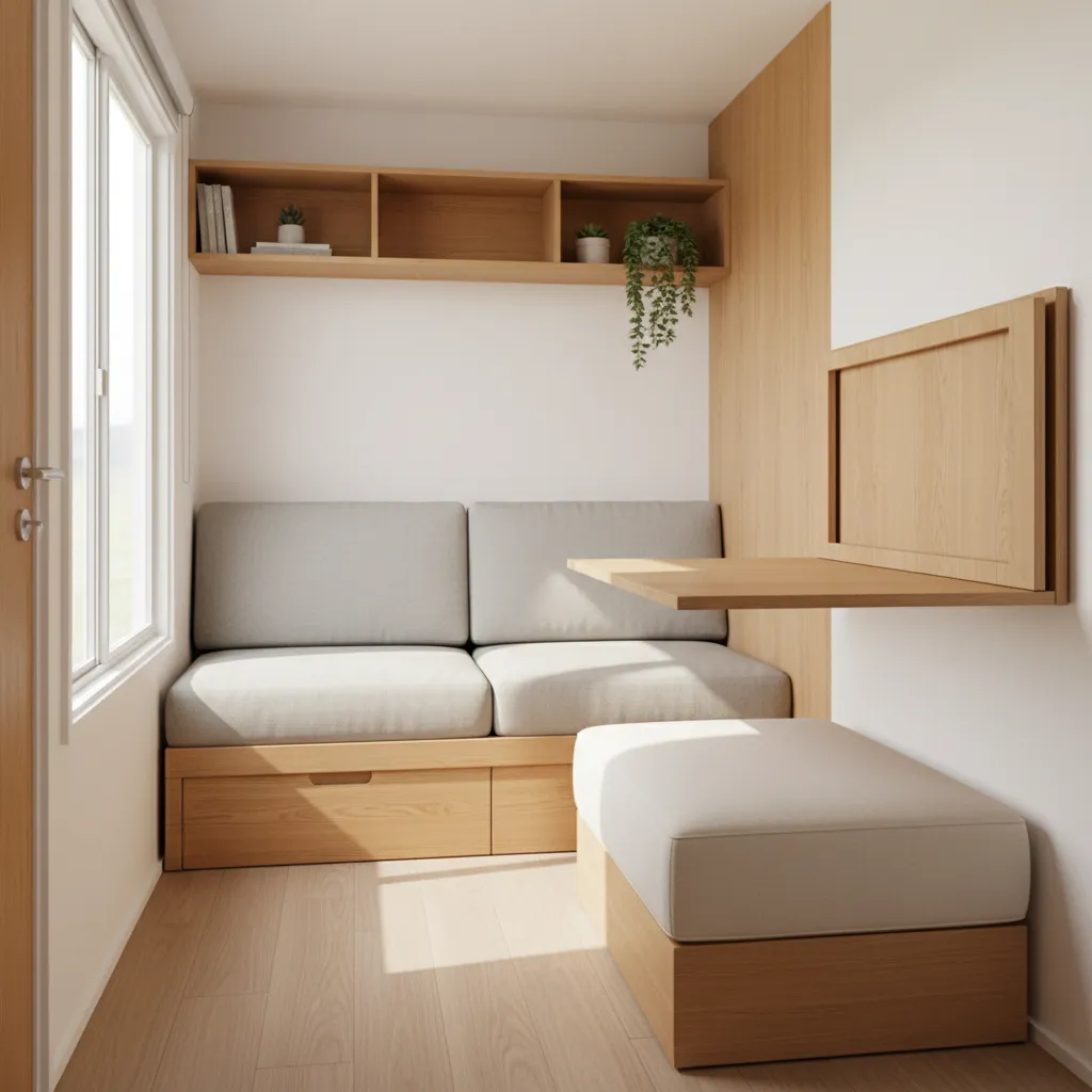 Tiny house interior showing sofa bed and foldable dining table with storage