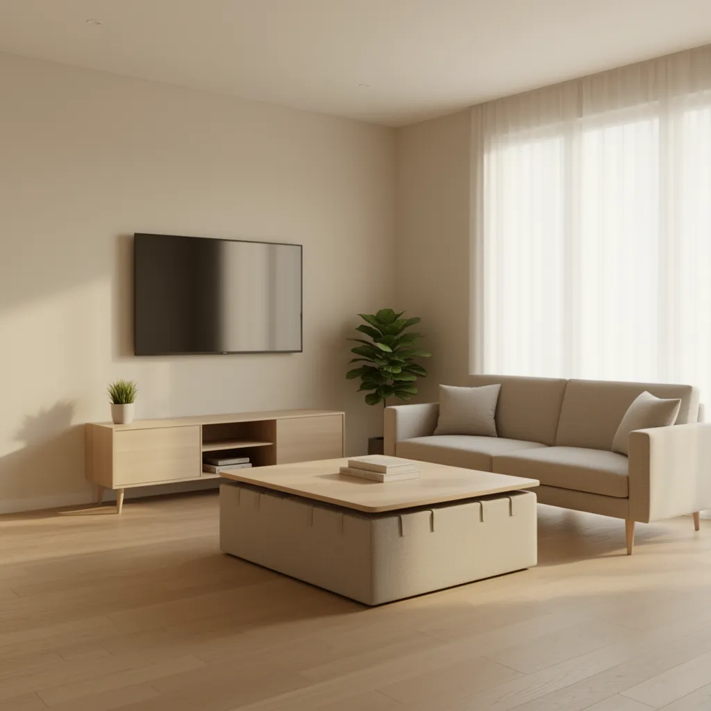 small living room with storage ottoman and compact TV seating layout