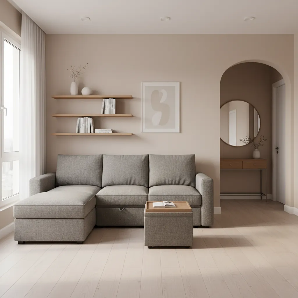 Compact living hall with multifunctional furniture and storage ottoman
