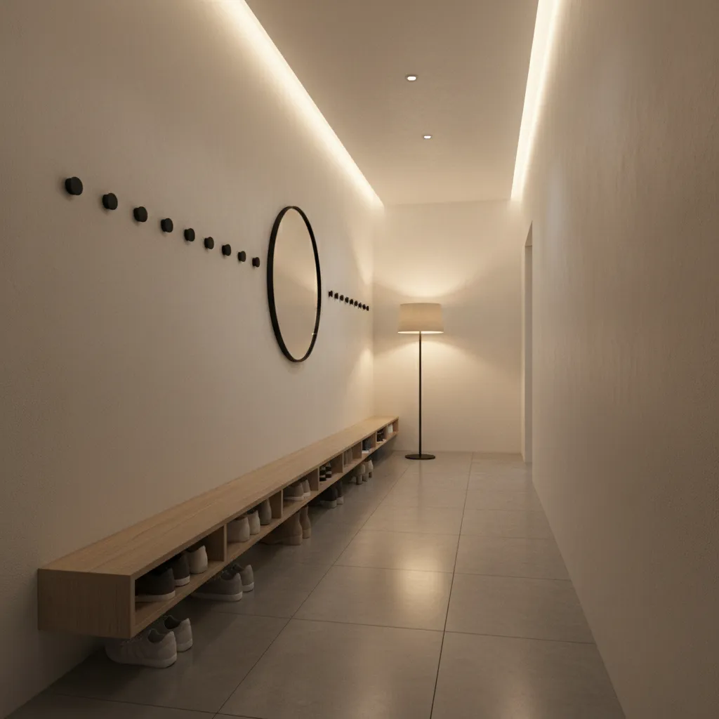 Slim bench with shoe storage in a narrow hallway