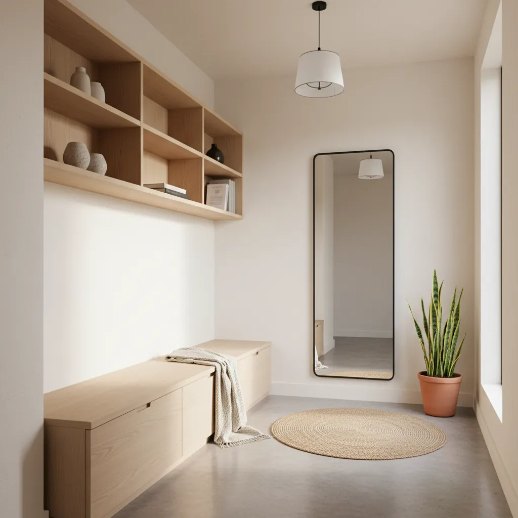Multi functional hallway shelving with bench and storage drawers