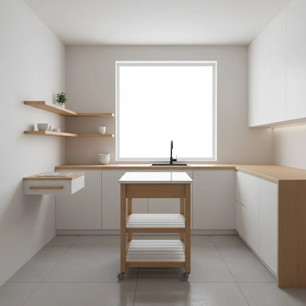 Small kitchen with rolling cart island for extra storage