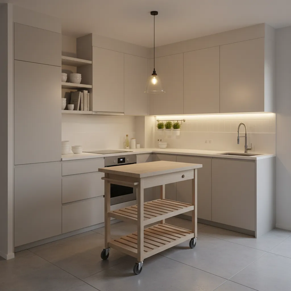 Rolling kitchen cart with drawers and shelves in a small apartment kitchen