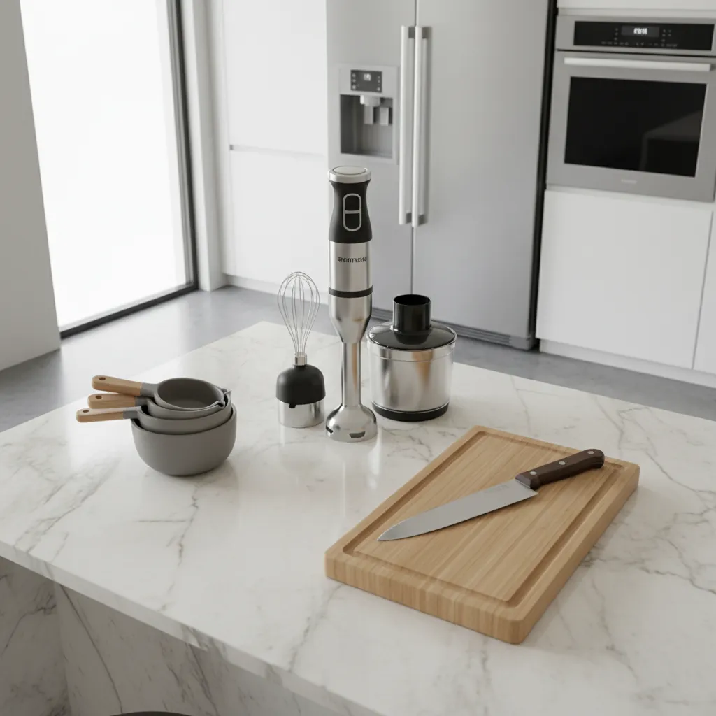 Collection of multi functional kitchen tools arranged neatly on counter