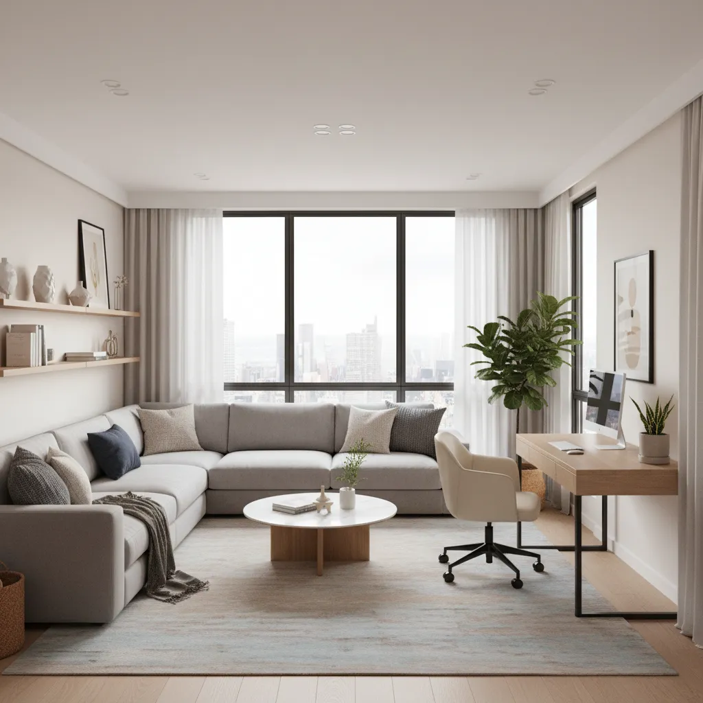 l shaped living room with lounge area and small home office corner