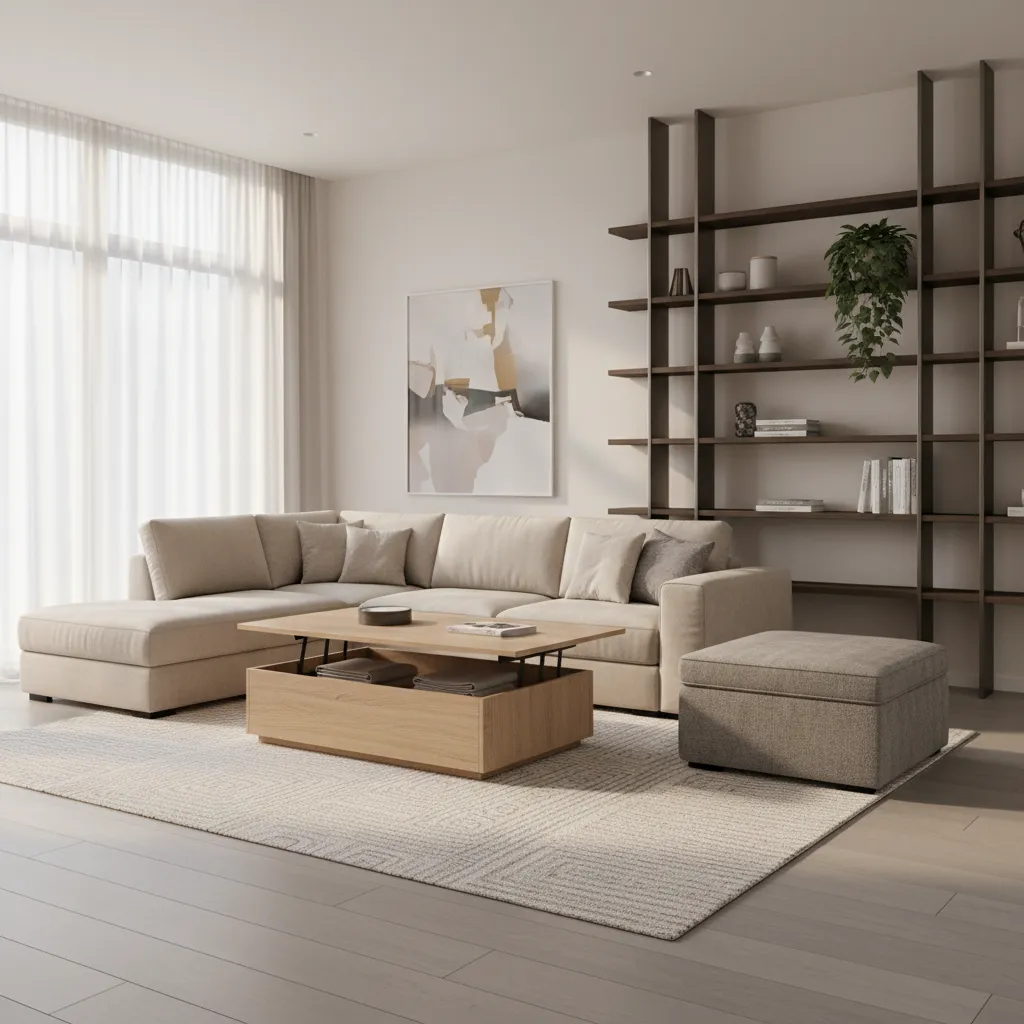 living room with storage ottoman and lift top coffee table