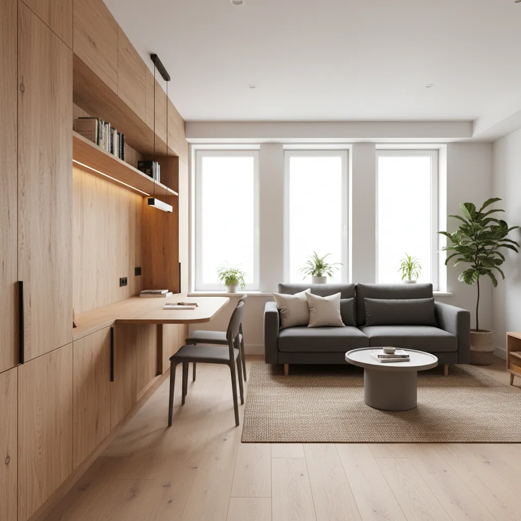 Multi functional living room with dining area and workspace in small house